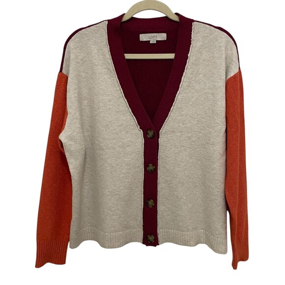 Loft Cardigan Sweater Womens S Colorblock Button-up Boxy Oversized Cotton Blend - Picture 1 of 7